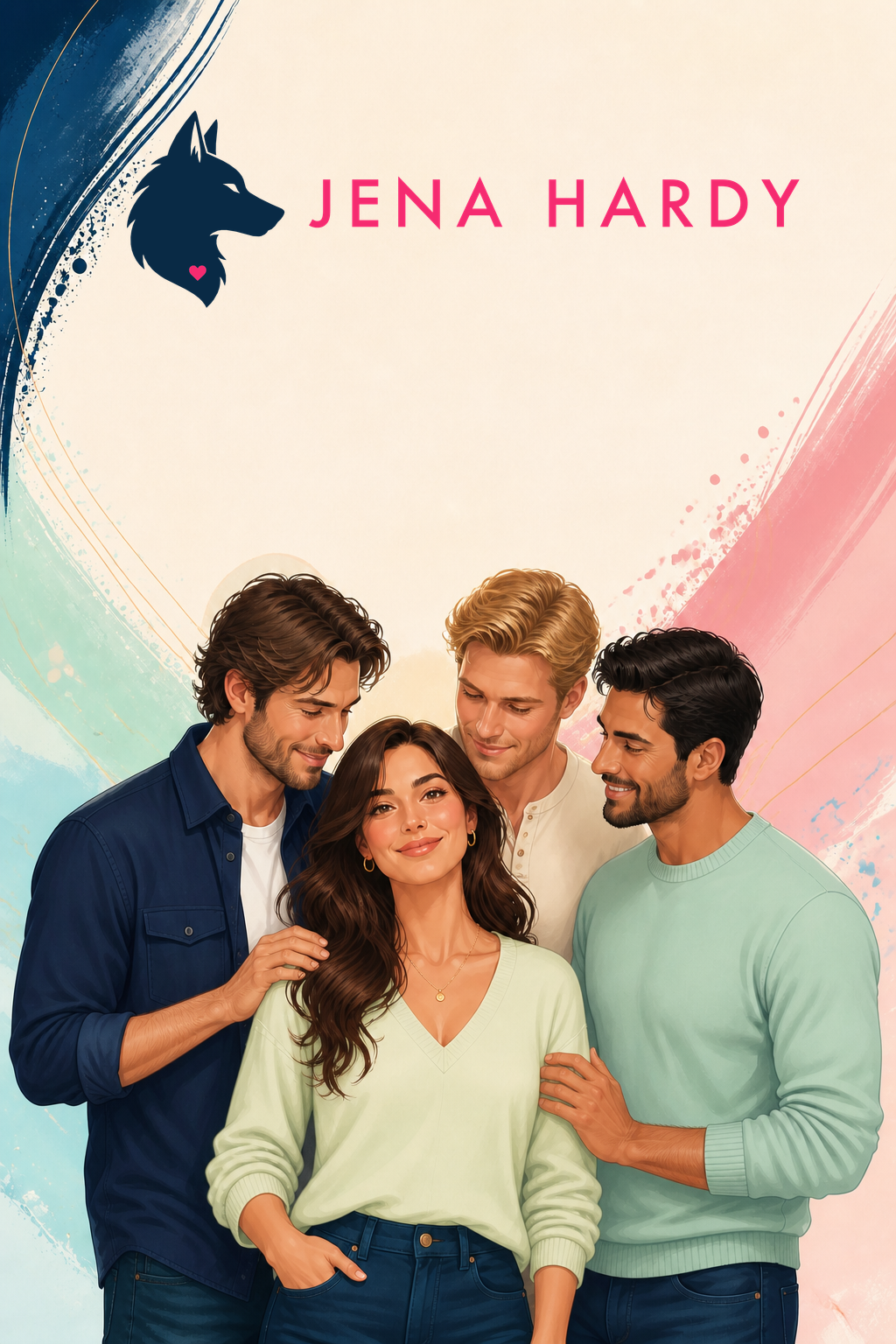 One woman surrounded by three devoted men in a bright illustrated romance scene